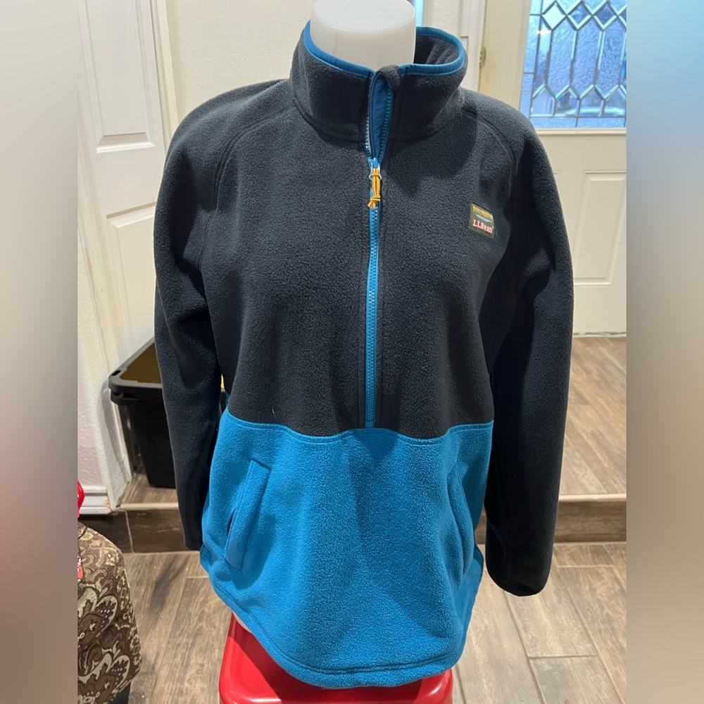 L.L.BEAN Blue Black Color Block 1/4 Zip Fleece Jacket XL